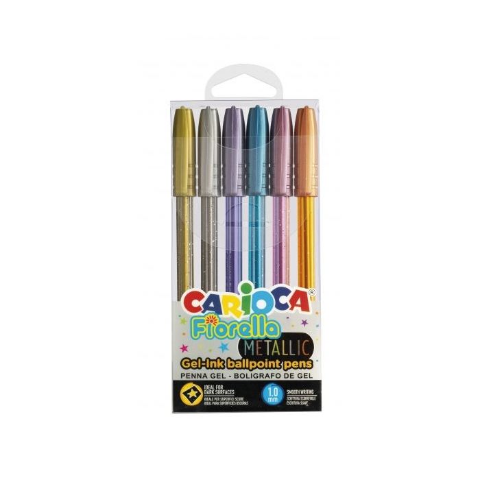 Carioca Fiorella Pack de 6 Boligrafos de Colores Metallic - Boligrafo con Punta de Esfera y Cuerpo Transparente Fluo - Escritura Brillante y Colorida - Color Varios