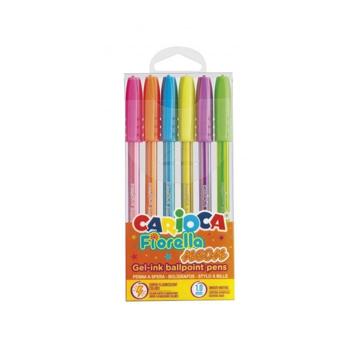 Carioca Fiorella Pack de 6 Boligrafos de Colores Neon - Boligrafo con Punta de Esfera y Cuerpo Transparente Fluo - Escritura Brillante y Colorida - Color Varios