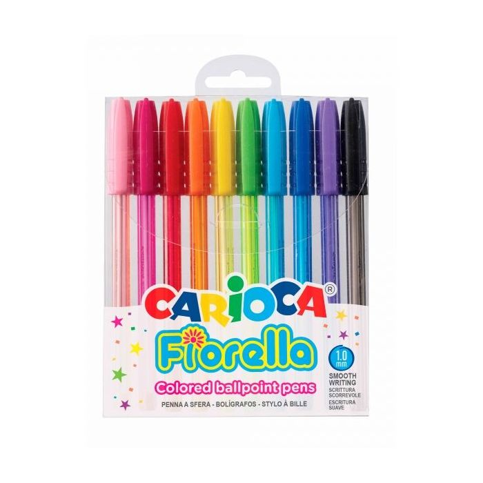 Carioca Fiorella Pack de 10 Boligrafos - Punta de Esfera - Cuerpo Transparente Fluo - Punta Ø 1mm - Escritura Brillante y Colorida - Color Varios