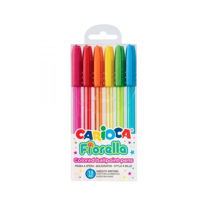 Carioca Fiorella Pack de 6 Boligrafos - Punta de Esfera - Cuerpo Transparente Fluo - Escritura Brillante y Colorida - Color Varios