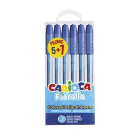 Carioca Fiorella Pack de 6 Boligrafos - Punta de Esfera - Cuerpo Transparente Fluo - Punta Ø 1mm - Escritura Brillante y Colorida - 5+1gratis - Color Azul