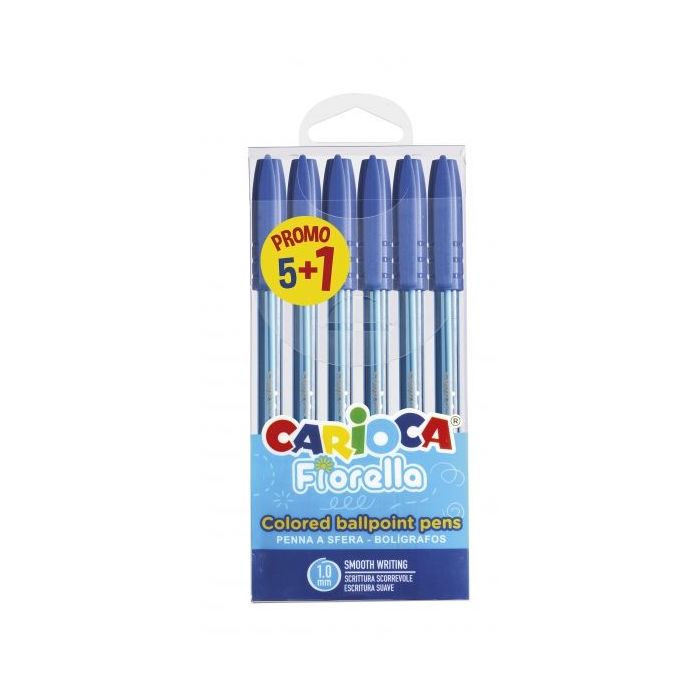 Carioca Fiorella Pack de 6 Boligrafos - Punta de Esfera - Cuerpo Transparente Fluo - Punta Ø 1mm - Escritura Brillante y Colorida - 5+1gratis - Color Azul