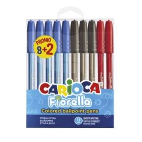 Carioca Fiorella Pack de 10 Boligrafos de Colores - Punta de Esfera - Cuerpo Transparente Fluo - Escritura Brillante y Colorida - 8+2gratis - Color Varios