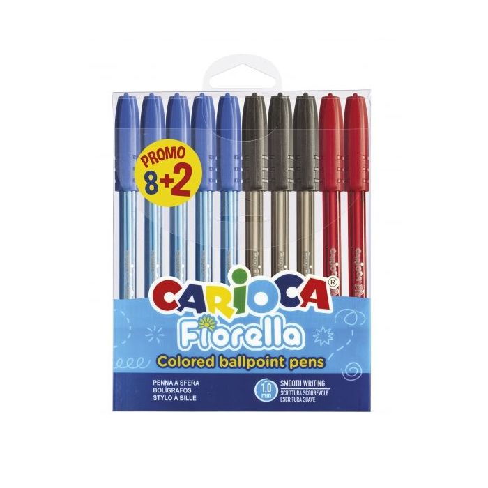 Carioca Fiorella Pack de 10 Boligrafos de Colores - Punta de Esfera - Cuerpo Transparente Fluo - Escritura Brillante y Colorida - 8+2gratis - Color Varios