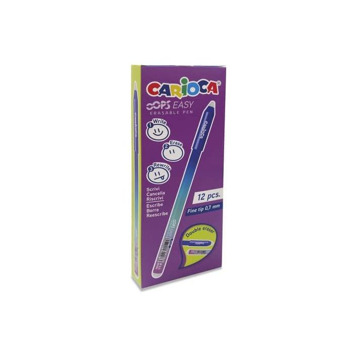 Carioca Oops Easy Pack de 12 Boligrafos Borrables - Tinta Termo Sensible - Cuerpo con Efecto Degradado - Punta de Ø 0.7mm - Doble Goma - Color Varios
