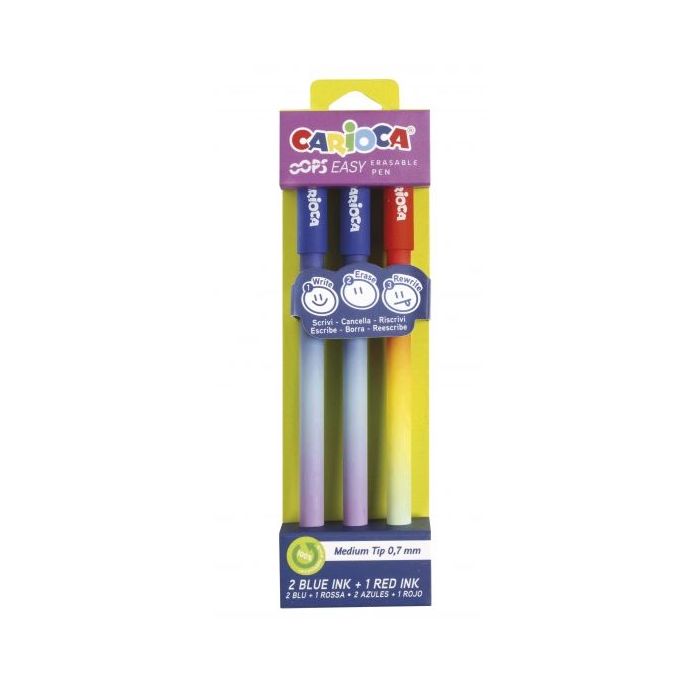 Carioca Oops Easy Pack de 3 Boligrafos Borrables - Tinta Termo Sensible - Cuerpo con Efecto Degradado - Punta de Ø 0.7mm - Doble Goma - Color Varios
