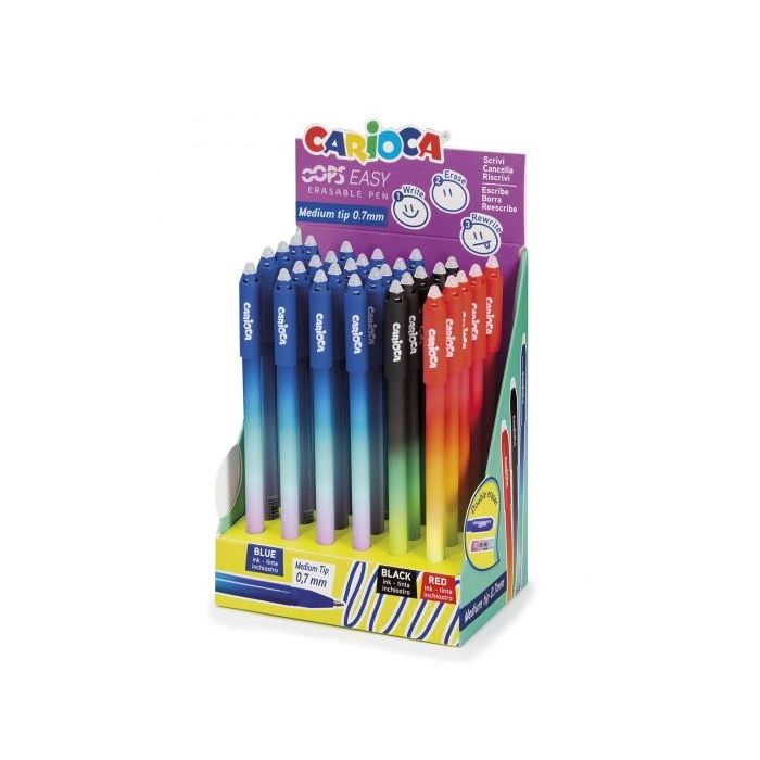Carioca Oops Easy Expositor de 30 Boligrafos Borrables - Tinta Termo Sensible - Cuerpo con Efecto Degradado - Punta de 0.7mm - Doble Goma - Color Varios