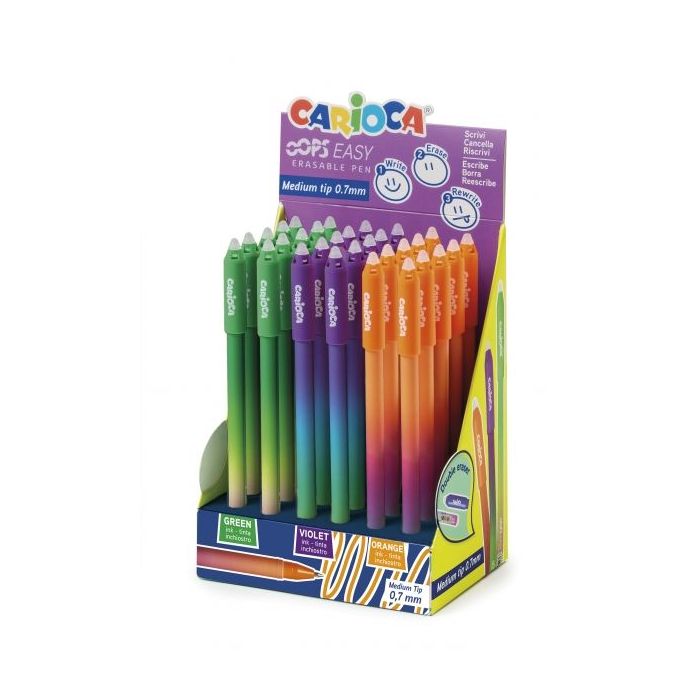 Pack Carioca Oops Easy Expositor de 30 Boligrafos Borrables - Tinta Termo Sensible - Cuerpo con Efecto Degradado - Punta de Ø 0.7mm - Doble Goma - Color Varios