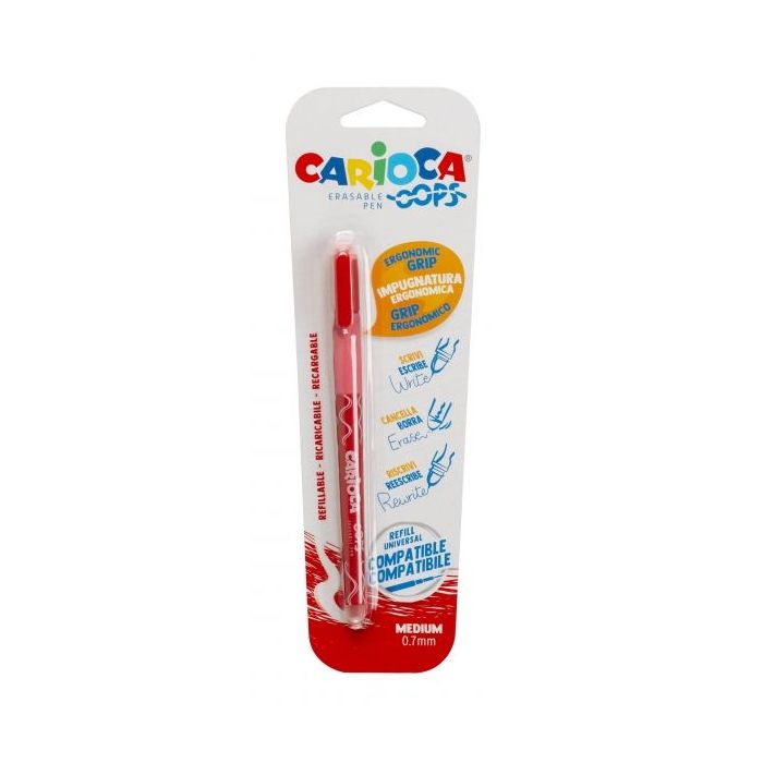 Carioca Oops Boligrafo Borrable - Tinta Roja - Termo Sensible - Empuñadura Ergonomica Triangular - Punta de Ø 0.7mm - Doble Goma - Recambios Compatibles - Color Rojo