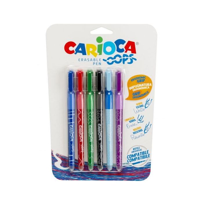 Carioca Oops Pack de 6 Boligrafos Borrables - Tinta Termo Sensible - Empuñadura Ergonomica Triangular - Punta de 0.7mm - Doble Goma - Recambios Compatibles - Color Varios