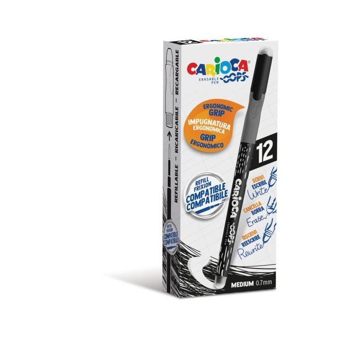 Carioca Oops Boligrafos Borrables - Tinta Negra Termo Sensible - Empuñadura Ergonomica Triangular - Punta de Ø 0.7mm - Doble Goma - Color Negro