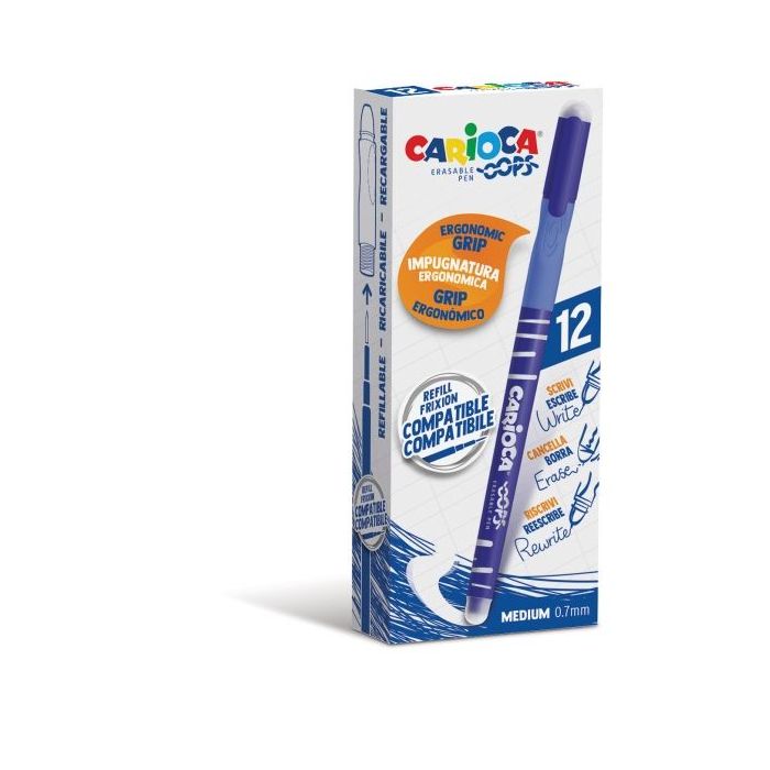 Carioca Oops Boligrafos Borrables - Termo Sensible - Empuñadura Ergonomica Triangular - Punta Ø 0.7mm - Doble Goma - Recambios Compatibles - Color Azul