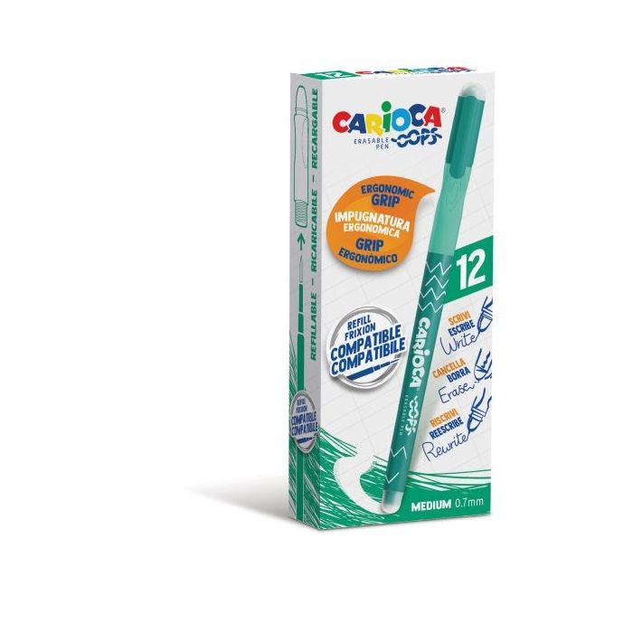 Carioca Oops Boligrafos Borrables - Termo Sensible - Empuñadura Ergonomica Triangular - Punta de Ø 0.7mm - Doble Goma - Recambios Compatibles - Color Verde