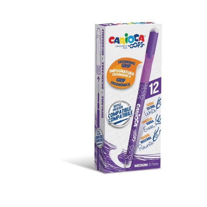 Carioca Oops Boligrafos Borrables - Tinta Morada Termo Sensible - Empuñadura Ergonomica Triangular - Punta de Ø 0.7mm - Doble Goma - Color Morado