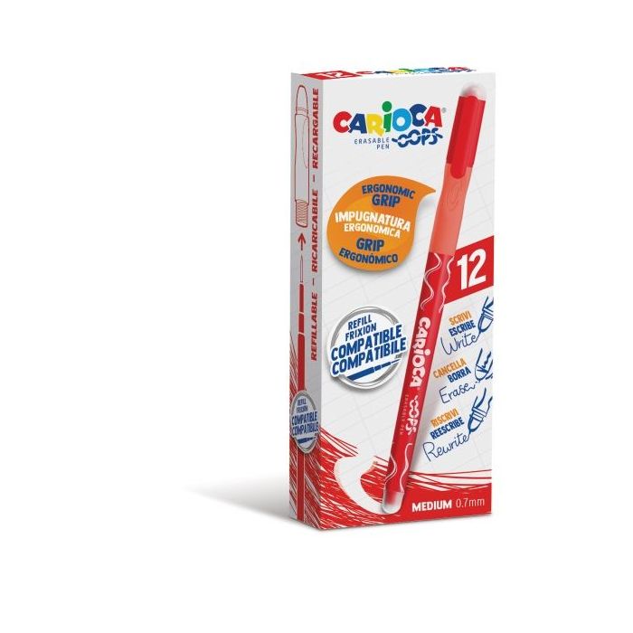 Carioca Oops Boligrafos Borrables - Tinta Roja Termo Sensible - Empuñadura Ergonomica Triangular - Punta de Ø 0.7mm - Doble Goma - Color Rojo