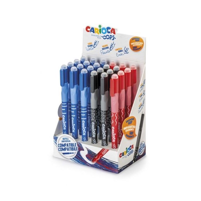 Carioca Oops Expositor de 24 Boligrafos Borrables - Tinta Termo Sensible - Empuñadura Ergonomica Triangular - Punta de Ø 0.7mm - Doble Goma - Recambios Compatibles - Color Varios