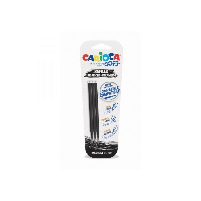 Carioca Oops Pack de 3 Recambios para Boligrafo Borrable - Tinta Termo Sensible - Punta de 0.7mm - Compatibles con Boligrafo Oops - Color Negro