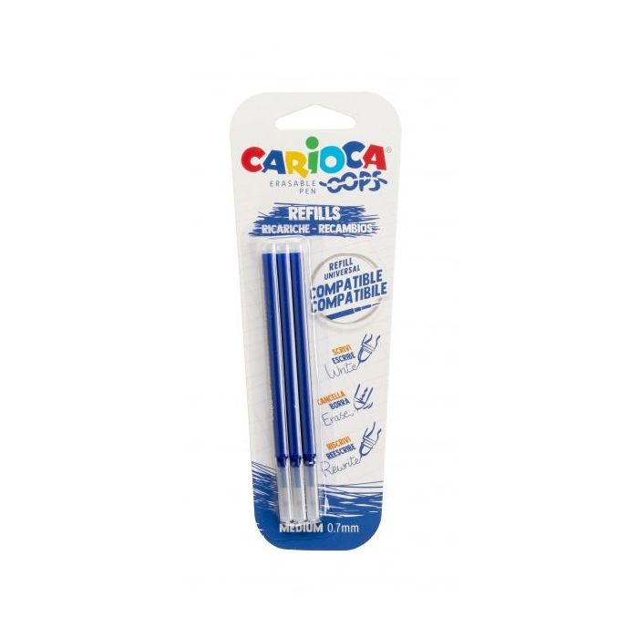 Carioca Oops Pack de 3 Recambios para Boligrafo Borrable - Tinta Termo Sensible - Punta de 0.7mm - Compatibles con Boligrafo Oops - Color Azul