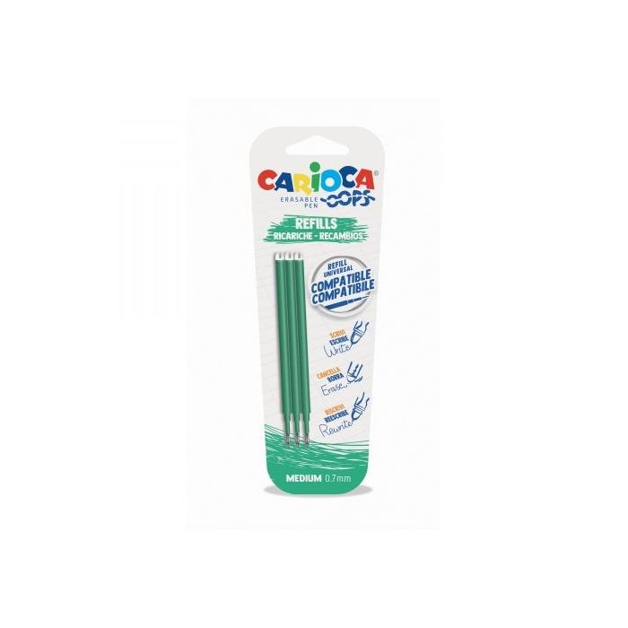 Carioca Oops Pack de 3 Recambios para Boligrafo Borrable - Tinta Termo Sensible - Punta de 0.7mm - Compatibles con Boligrafo Oops - Color Verde