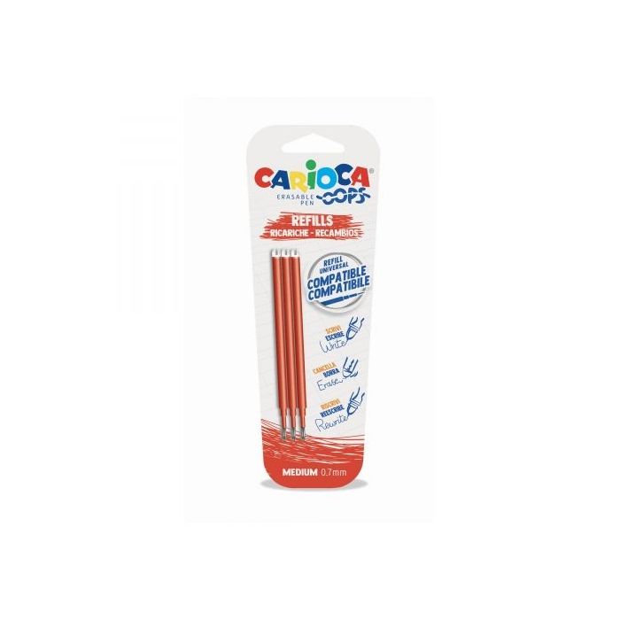 Carioca Oops Pack de 3 Recambios para Boligrafo Borrable - Tinta Termo Sensible - Punta de 0.7mm - Compatibles con Boligrafo Oops - Color Naranja