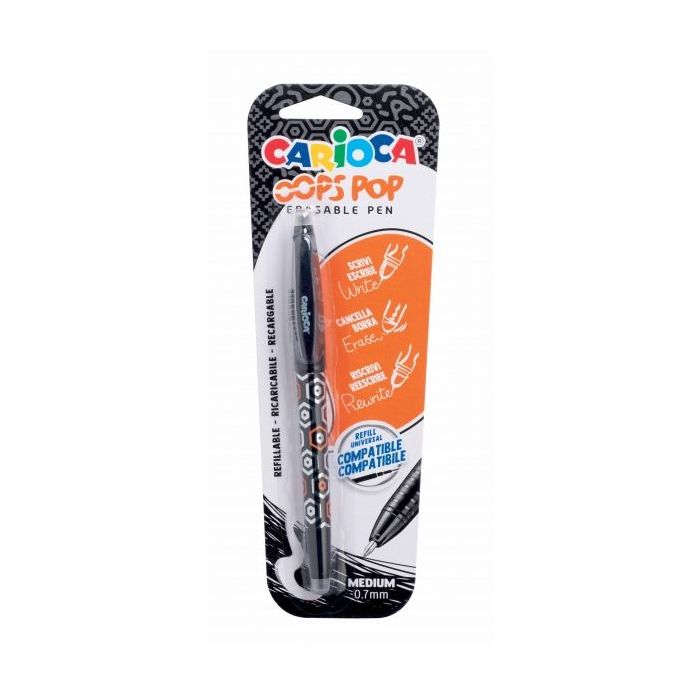 Carioca Oops Boligrafo Borrable - Tinta Termo Sensible - Empuñadura Texturizada - Punta de 0.7mm - Doble Goma - Recambios Compatibles - Color Negro