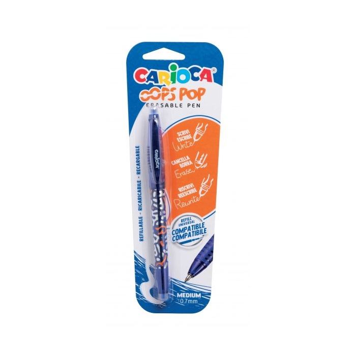 Carioca Oops Pop Boligrafo Borrable - Termo Sensible - Empuñadura Texturizada - Punta de 0.7mm - Doble Goma - Recambios Compatibles - Color Azul