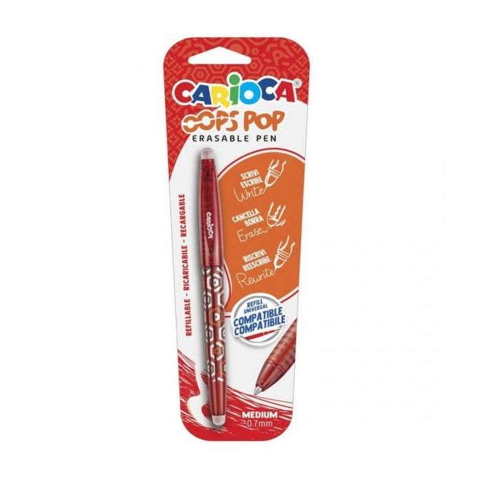 Carioca Oops Boligrafo Borrable - Tinta Termo Sensible - Empuñadura Texturizada - Punta de 0.7mm - Doble Goma - Recambios Compatibles - Color Rojo