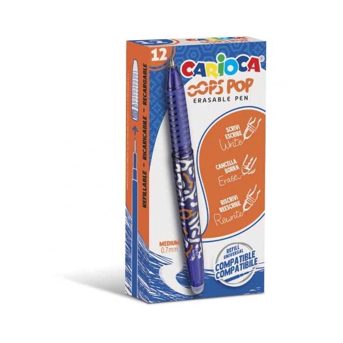 Carioca Oops Boligrafos Borrables - Termo Sensible - Empuñadura Texturizada - Punta de Ø 0.7mm - Doble Goma - Recambios Compatibles - Color Azul