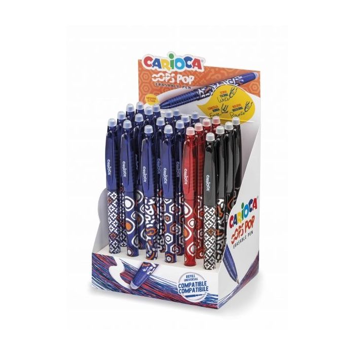 Carioca Oops Expositor de 24 Boligrafos Borrables - Termo Sensible - Empuñadura Texturizada - Punta de Ø 0.7mm - Doble Goma - Recambios Compatibles - Color Varios