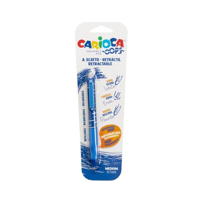 Carioca Oops Boligrafo Borrable - Termo Sensible - Empuñadura Ergonomica Triangular - Punta de Ø 0.7mm - Recambios Compatibles - Color Azul