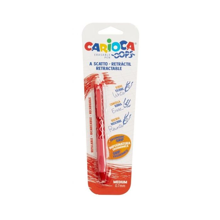 Carioca Oops Boligrafo Borrable - Tinta Termo Sensible - Empuñadura Ergonomica Triangular - Punta de Ø 0.7mm - Recambios Compatibles - Color Rojo