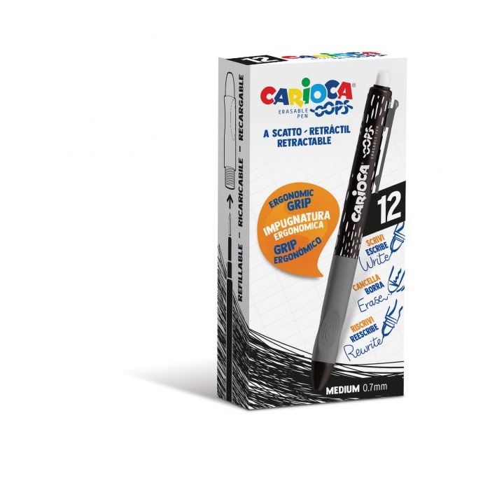 Carioca Oops Boligrafos Borrables - Tinta Negra Termo Sensible - Empuñadura Ergonomica Triangular - Punta de Ø 0.7mm - Recambios Compatibles - Color Negro
