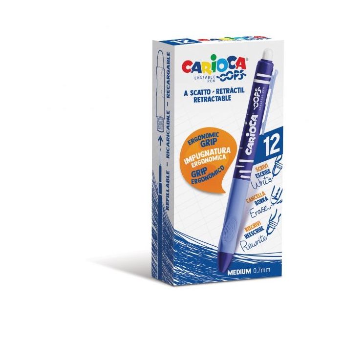 Carioca Oops Boligrafos Borrables - Termo Sensible - Empuñadura Ergonomica Triangular - Punta de Ø 0.7mm - Recambios Compatibles - Color Azul
