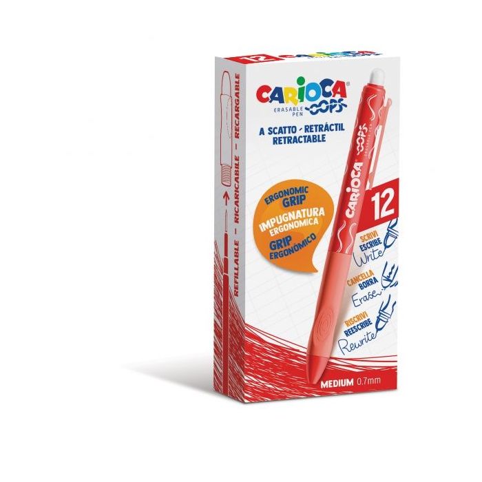 Carioca Oops Boligrafos Borrables - Tinta Roja Termo Sensible - Empuñadura Ergonomica Triangular - Punta de Ø 0.7mm - Recambios Compatibles - Color Rojo