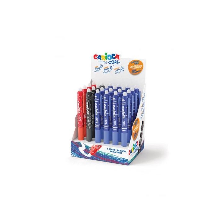 Carioca Oops Expositor de 24 Boligrafos Borrables Retractiles - Tinta Termo Sensible - Empuñadura Ergonomica Triangular - Punta de Ø 0.7mm - Doble Goma - Recambios Compatibles - Color Varios