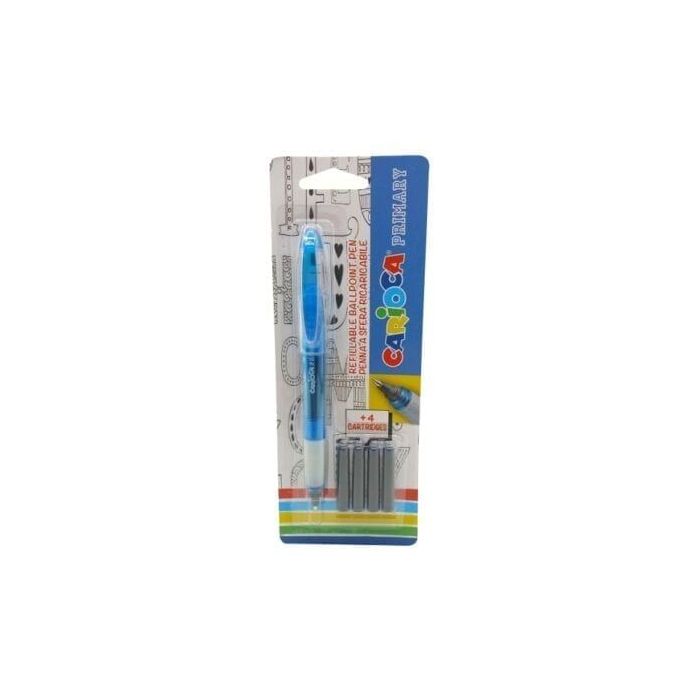Carioca Primary Pack de 1 Boligrafo Recargable + 4 Cartuchos - Punta Roller de Acero Inoxidable - Dosificador de Flujo Constante - Color Azul
