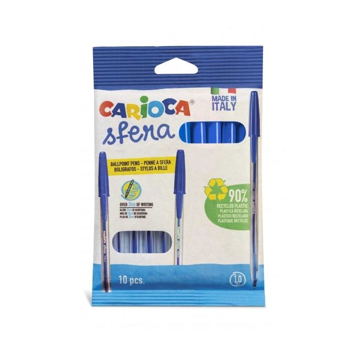 Carioca Sfera Flowpack Pack de 10 de Boligrafo - Punta Ø 1mm - Capuchon y Retro del Color de la Tinta - Escritura Super Deslizante - Paquete de Papel - Color Azul