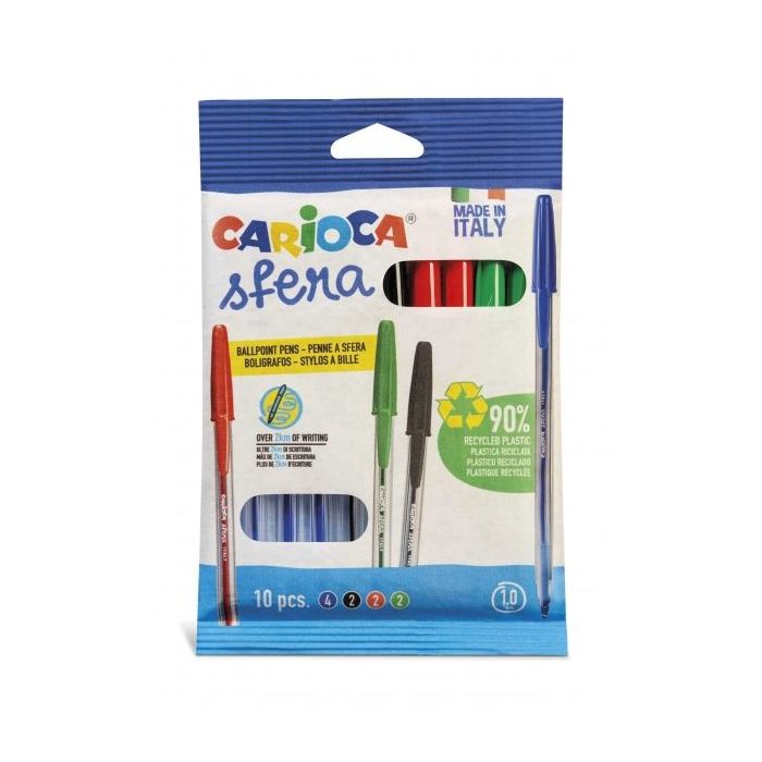 Carioca Sfera Flowpack Pack de 10 Boligrafo - Punta Ø 1mm - Capuchon y Retro del Color de la Tinta - Escritura Super Deslizante - Paquete de Papel - Color Varios