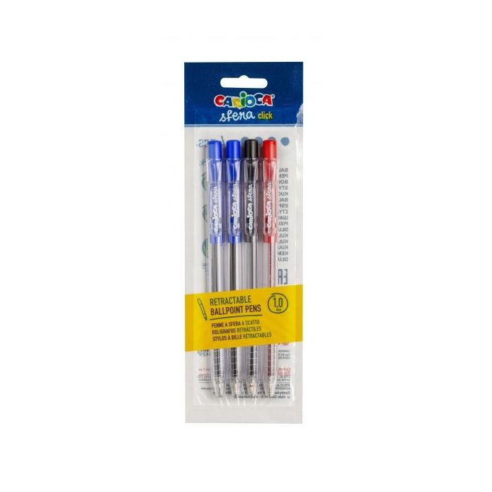 Pack Carioca Sfera Pack de 4 Boligrafos Retractiles - Punta Ø 1mm - Boligrafos Retractiles - Click Facil y Comodo - Escritura Suave y Fluida - Color Varios