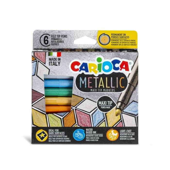 Carioca Metallic Maxi Pack de 6 Rotuladores - Punta Maxi Ø 6mm - Ideales para Superficies Oscuras - Colores Permanentes en Superficies Porosas - Color Varios