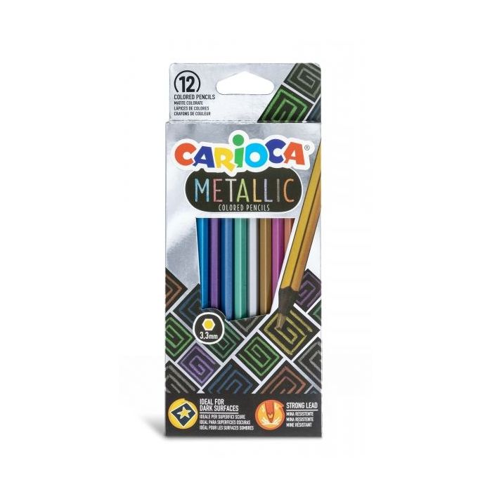 Carioca Metallic Pack de 12 Lapices Hexagonales Metalicos - Colores Cubrientes - Ideales para Superficies Oscuras - Mina Premium de Ø 3.3mm Resistente a las Caidas - Faciles de Afilar - Color Varios