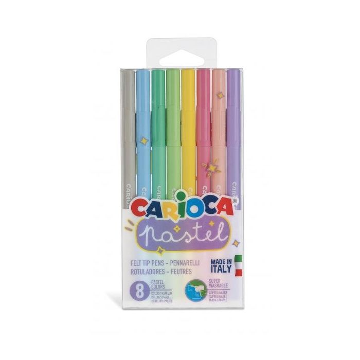 Carioca Pastel Pack de 8 Rotuladores - Tinta Superlavable - Perfectos para Colorear y Subrayar - No Toxicos - Punta Bloqueada Conica - Color Varios