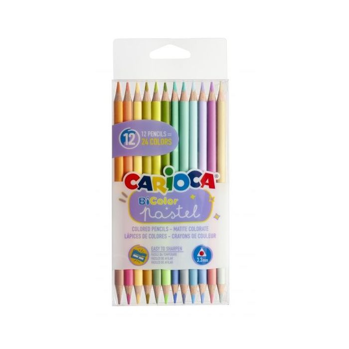 Carioca Bi-Color Pack de 12 Lapices - 24 Colores Pastel - Cuerpo Triangular - Colores Brillantes y Lavables - Escritura Blanda - Color Varios