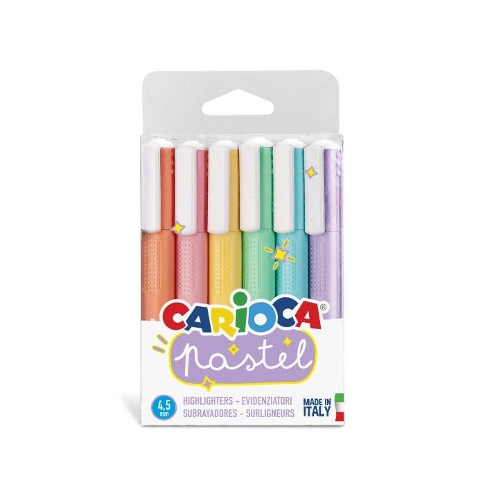 Carioca Pack de 6 Subrayadores Pastel - Tinta a Base de Agua - Punta Biselada - Tinta Lavable - Color Varios
