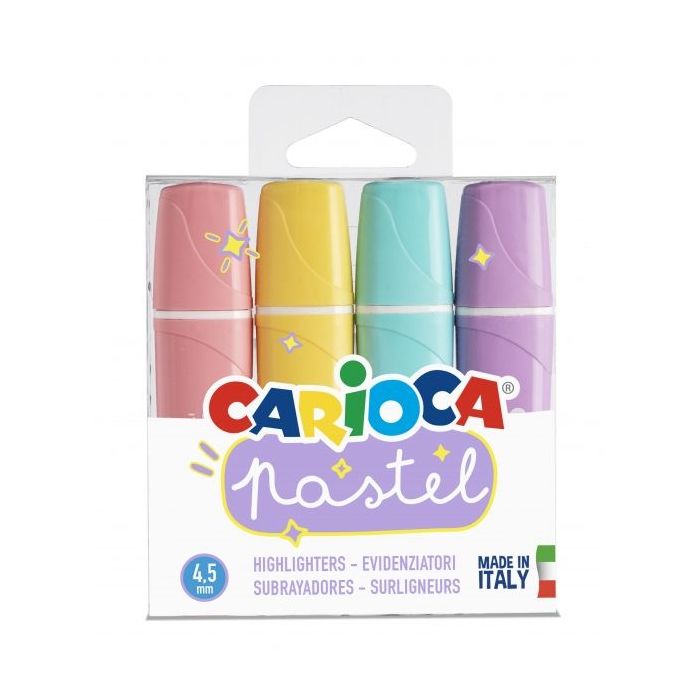 Carioca Memolight Pack de 4 Subrayadores Pastel - Tinta a Base de Agua y Lavable - Punta Biselada - Color Varios