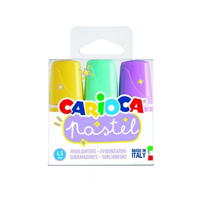 Carioca Minilight Pack de 3 Subrayadores Pastel - Tinta a Base de Agua y Lavable - Punta Biselada - Color Varios