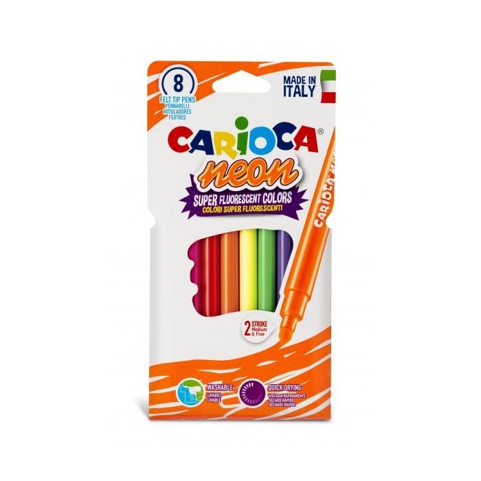Carioca Neon Pack de 8 Rotuladores - Tinta Fluorescente - Perfecto para Colorear y Subrayar - Lavable de la Piel y Tejidos - Punta Conica para Doble Trazo - Color Varios
