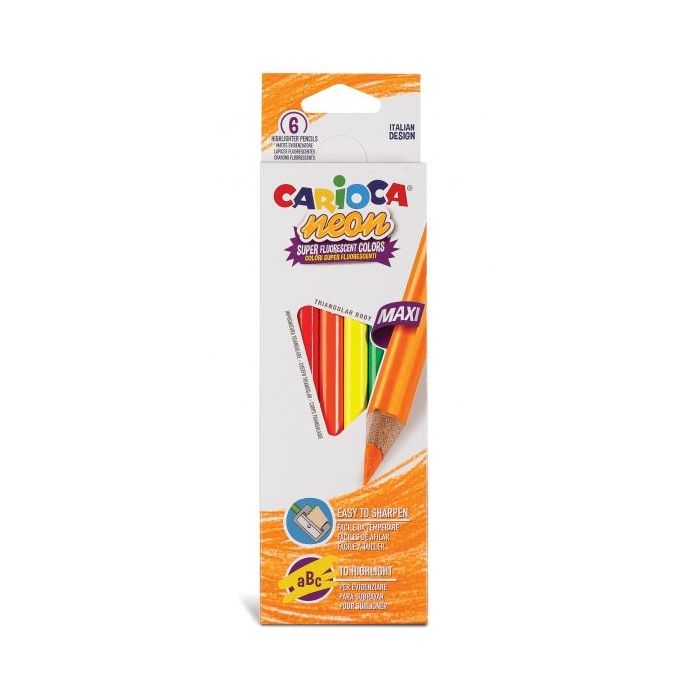 Carioca Pack de 6 Lapices Triangulares Maxi Neon - Colores Fluorescentes - Escritura Blanda - Aptos para Subrayar y Resaltar - Facil Agarre y Sacar Punta - Mina de Ø 5mm - Color Varios