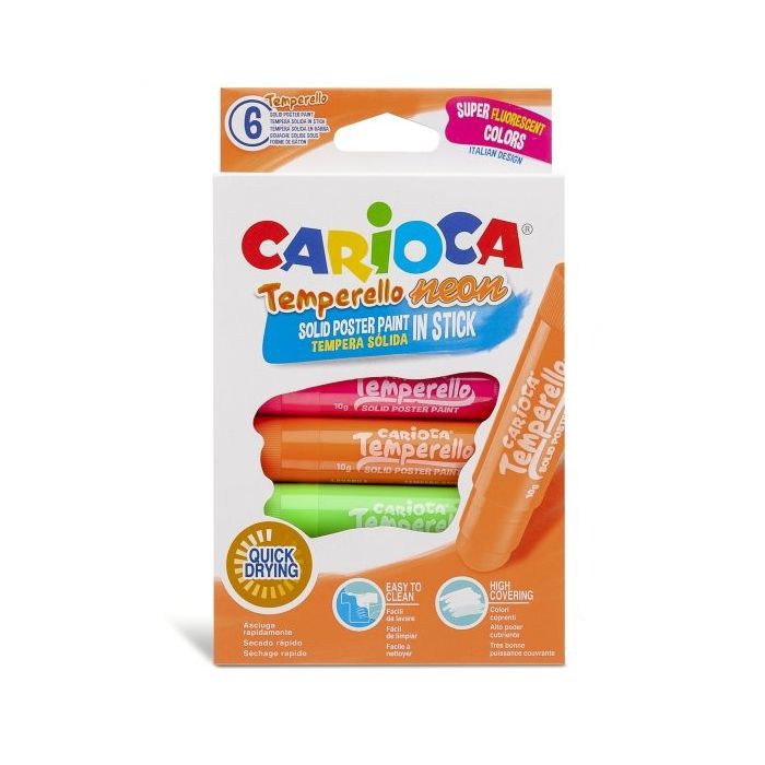 Carioca Temperello Neon Pack de 6 Temperas Solidas - Colores Brillantes y Lavables - Gran Cobertura - Faciles de Mezclar - sin Disolventes - Acabado Satinado - Secado Rapido - Color Varios