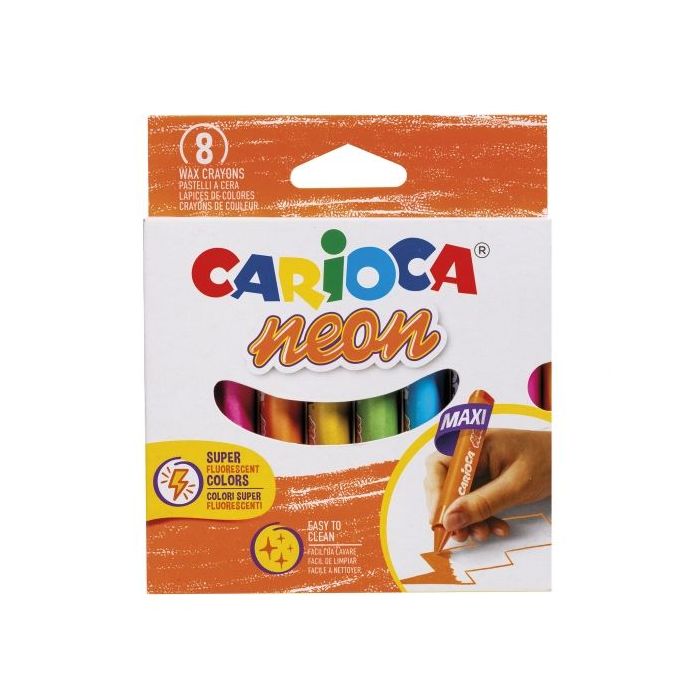 Carioca Ceras Neon Pack de 8 Ceras - Cuerpo Maxi Triangular - Colores Cubrientes - Faciles de Limpiar - Color Varios